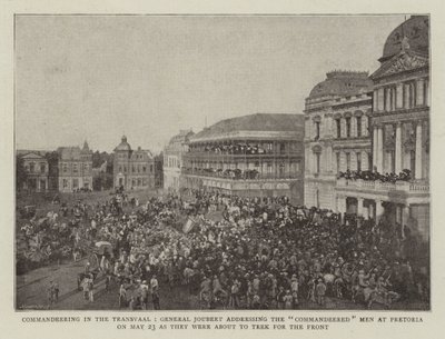 Parancsnoki a Transvaalban, Joubert tábornok beszédet mond a Commandeered Menekhez Pretoriában május 23-án, amikor a front felé indultak. alkotó: English Photographer