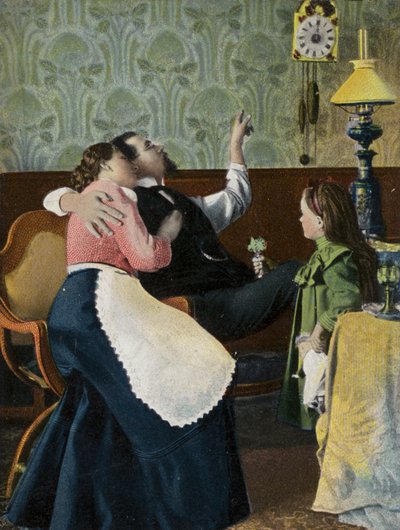 Pár nézi az időt kisgyermekével (chromolitho) alkotó: English Photographer
