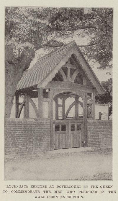 A királynő által Dovercourtban felállított Lych-Gate a Walcheren-expedícióban elpusztult férfiak emlékére alkotó: English Photographer