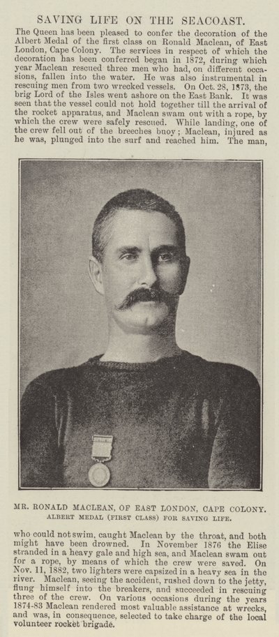 Ronald Maclean, Kelet-London, Cape Colony, Albert Medal (első osztályú) az élet megmentéséért alkotó: English Photographer