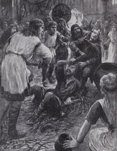 I. Edmund király meggyilkolása, miközben részt vett a Szent Ágoston napi misén Pucklechurchben, Gloucestershire, 946 (litho) alkotó: English Photographer