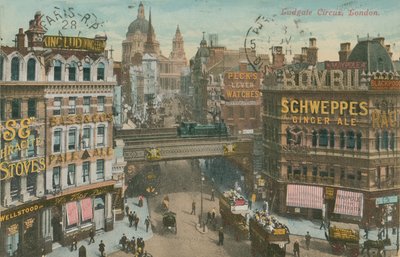 A londoni Ludgate Circus képeslapja, 1913-ban küldve (kézzel színezett fotó) alkotó: English Photographer