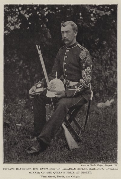 Hayhurst közlegény, a kanadai puskák 13. zászlóalja, Hamilton, Ontario, a Bisley-i Queens-díj nyertese, éremmel, jelvénnyel és csekkel alkotó: English Photographer