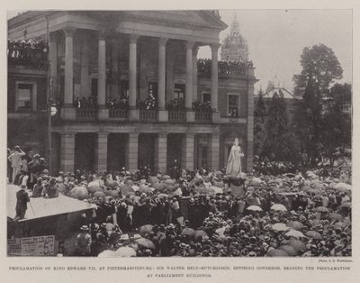 VII. Edward király kiáltványa Pietermaritzburgban, Sir Walter Hely-Hutchinson, leköszönő kormányzó felolvassa a Kiáltványt a Parlament épületeiben alkotó: English Photographer