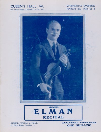 A Mischa Elman előadás programja, Queens Hall, 1922. március 8-án alkotó: English Photographer
