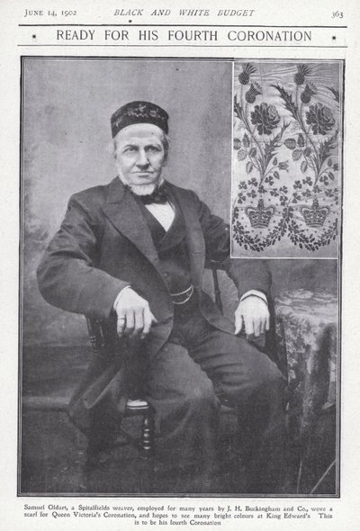 Samuel Oldart, a londoni Spitalfields-i takács, aki sálat szőt Viktória királynő megkoronázása alkalmából (f/w fotó) alkotó: English Photographer