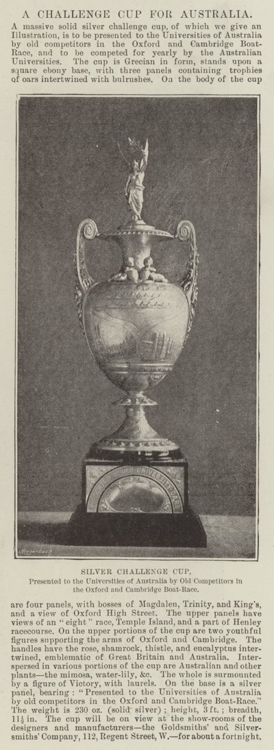 Silver Challenge Cup, amelyet régi versenyzők ajándékoztak az ausztrál egyetemeknek az oxfordi és a cambridge-i hajóversenyen alkotó: English Photographer