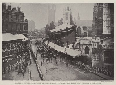 Felségeik érkezése a Westminster Abbey-be, a melléképület ajtajánál összeállított állami autóbuszhoz alkotó: English Photographer