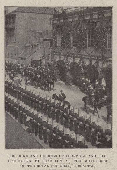 Cornwall és York hercege és hercegnője ebédelni megy a gibraltári Királyi Fusiliers Mess-House-ban alkotó: English Photographer