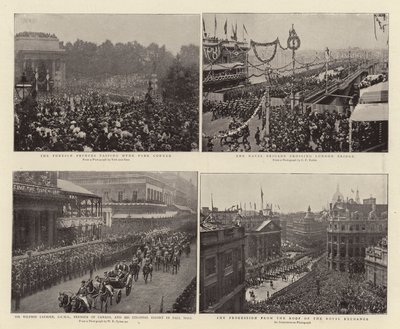 A Hyde Park Corner mellett elhaladó külföldi hercegek, Sir Wilfrid Laurier, a GCMG, Kanada miniszterelnöke és a Colonial Escort a Pall Mallban, a haditengerészeti brigád átkel a London Bridge-en, a menet a tetőről alkotó: English Photographer