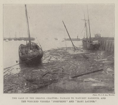 Gáz a Bristol-csatornában, a Watchet Harbourban keletkezett károk, valamint az összetört Josephine és Mary Lauder hajók alkotó: English Photographer
