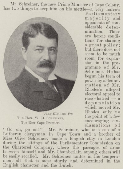 A tisztelt W D Schreiner, a New Cape Premier alkotó: English Photographer