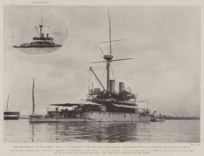 A hadihajók láthatatlansága, a HMS Devastation az új szürke színben kontrasztban a korábbi feketére festett hajótesttel alkotó: English Photographer