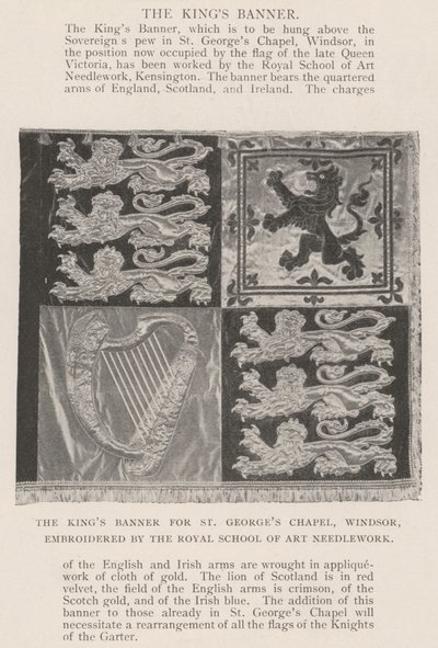 A Kings Banner a windsori St Georges Chapel számára, a Királyi Művészeti Kézimunka-iskola hímzésével alkotó: English Photographer
