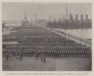 Az Admiralitás lordjai a portsmouthi haditengerészeti raktár tengerészeit ellenőrzik alkotó: English Photographer
