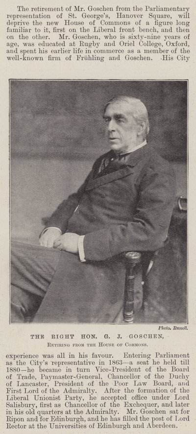 A jobboldali tisztelt G J Goschen, visszavonul az alsóházból alkotó: English Photographer