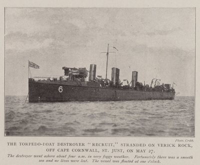 A Torpedo-Boat Destroyer Recruit május 27-én a Verick Rockon rekedt, Cape Cornwall mellett, St Justban alkotó: English Photographer