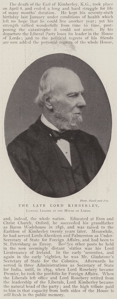 A néhai Lord Kimberley, a Lordok Házának liberális vezetője alkotó: English Photographer