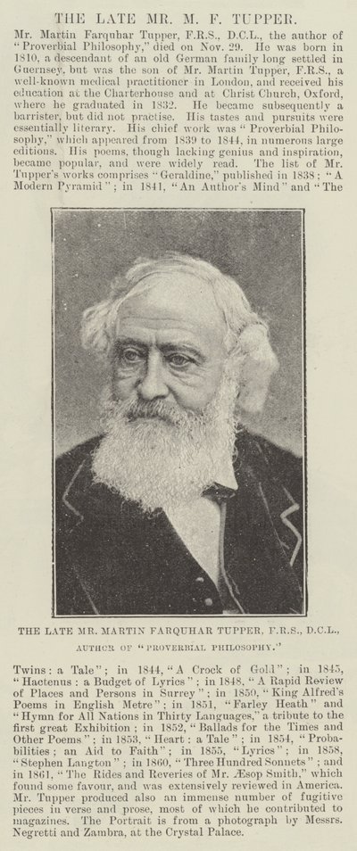 A néhai Martin Farquhar Tupper, FRS, DCL, a Proverbial Philosophy szerzője alkotó: English Photographer