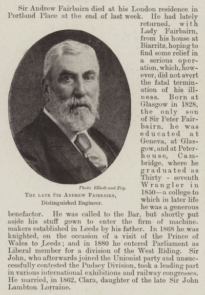 A néhai Sir Andrew Fairbairn, kiváló mérnök alkotó: English Photographer
