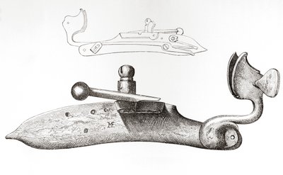 17. századi Matchlock. A kézi lőfegyver kilövésére használt mechanizmus vagy zár a The British Army: Its Origins, Progress and Equipment című könyvéből, 1868. alkotó: English School