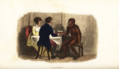 18. századi holland pár bort iszik egy borneói orangutánnal az étkezőasztalnál alkotó: English School