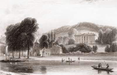 19. századi kilátás a Beaumont Lodge-ról, Old Windsor, Berkshire, Anglia. 1854-ben eladták a Jézus Társaságának, és átnevezték a Beaumont College-nak, egy jezsuita állami iskolának. Churton 1836-ban kiadott Portré és tájképtárából. alkotó: English School
