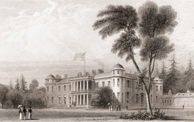 19. századi kilátás a Goodwood House-ra, Nyugat-Sussex, Dél-Anglia. Churton 1836-ban megjelent Portré- és Tájképtárából. alkotó: English School