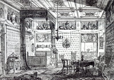 Egy hálószoba, a "The House-Furnisher and Decorator"-ból, 1872. december 1. alkotó: English School