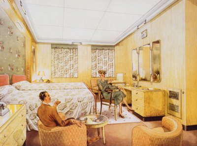 Egy hálószoba az RMS Caronia fedélzetén, 1950 körül alkotó: English School