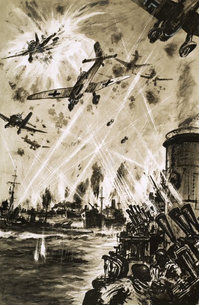 Egy brit konvoj a második világháborúban a német Stukas támadása alatt alkotó: English School