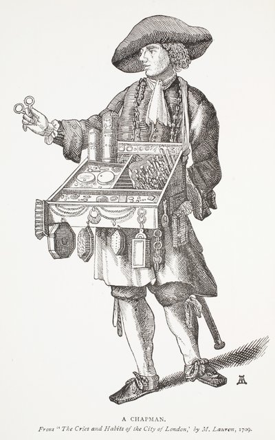 Egy Chapman, a The Cries and Habits of the City of the London, M. Lauren, 1709, előlapi illusztráció a Chap-books of the Eightenth Century-ből, John Ashton, pub. 1882 alkotó: English School
