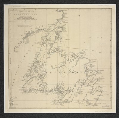 Új-Fundland szigetének általános diagramja a sziklákkal és szondákkal, felmérések alapján készült... James Cook és Michael Lane alkotó: English School