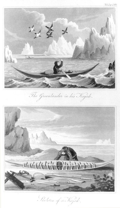 Egy grönlandi és kajakja, David Crantz Grönland története című művéből, 1820 alkotó: English School