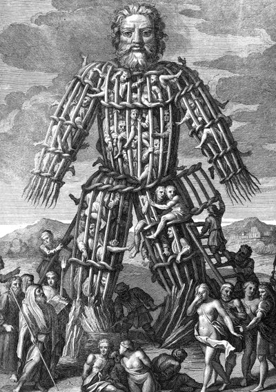 Egy hatalmas kolosszus, amely Osier gallyakból készült, amelyben embereket égettek el elevenen az istenek tiszteletére, metszett Cornelis Huyberts, a Caesars Commentaries illusztrációja, amelyet William Duncan fordított angolra, alkotó: English School