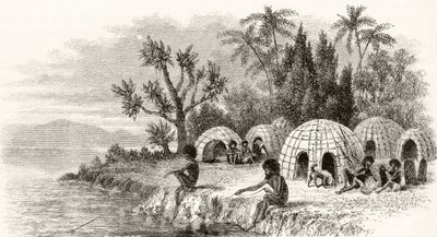 Egy bennszülött tábor Queenslandben, 1880 körül, Howard Willoughby „Australian Pictures” című művéből, a Religious Tract Society, London, 1886 alkotó: English School