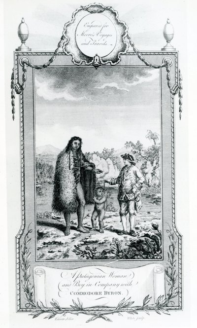 Egy patagóniai nő és fiú Commodore Byron társaságában, az illusztráció a Moores Voyages and Travelsből, 1778 alkotó: English School