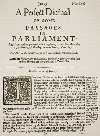 A Perfect Diurnall, az 1643-as 26. szám első oldalának fakszimile, illusztráció a Cassells Illustrated History of England című könyvéből (szépia fotó) alkotó: English School