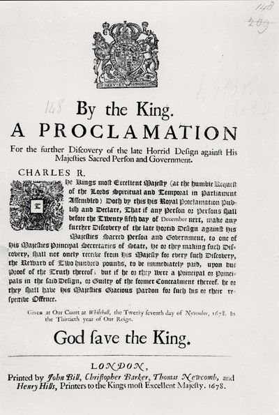 A király nyilatkozata az Őfelségei szent személye és kormánya elleni késői szörnyű terv további felfedezéséről, 1678. november 27. alkotó: English School