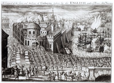 Karthágó városának és kikötőjének kilátása, az angolok a bátor Vernon admirális alatt, 1741 alkotó: English School