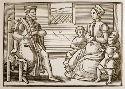 Egy puritán család az egész zsoltárok négy részében, 1563-ból (szépia fotó) alkotó: English School