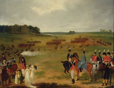 A londoni önkéntes lovasság és repülőtüzérség áttekintése a Hyde Parkban 1804-ben, 1804 körül (az olaj a fedélzeten a táblán látható) alkotó: English School