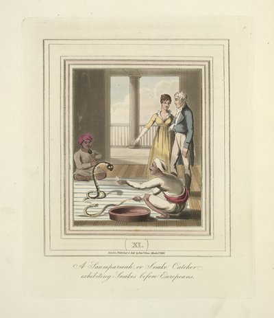 Saumpareeah vagy Kígyófogó, aki kígyókat mutat be az európaiak előtt, 1824 körül (színes litó) alkotó: English School