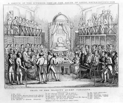 Vázlat a Lordok Házának belső nézetéről, amely Őfelsége Caroline királyné perét ábrázolja, kocsma. 1820 (fekete-fehér metszet) alkotó: English School