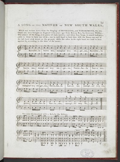 „A Song of the Natives of New South Wales”, a „Musical Curiosities; vagy Válogatás a legjellegzetesebb nemzeti dalokból, és levegők...”, Edward Jones 1811 (litho) alkotó: English School
