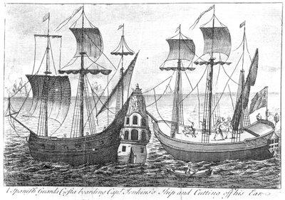 Egy spanyol „Guarda Costa” (parti őrség) felszáll Jenkins kapitány hajójára, és levágja a fülét, 1731 alkotó: English School