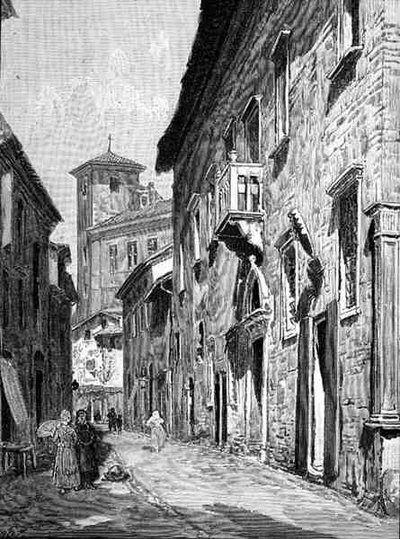 Egy utca az olaszországi Ravennában, a „The festői mediterrán” 3. kötetéből, a Cassell and Co. Ltd. kiadásában. alkotó: English School