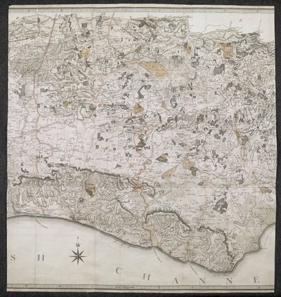 Sussex megye topográfiai térképe, rappe-re, deanries-re és százra osztva. A tényleges felméréstől egy hüvelyktől a törvényes mérföldig terjedő skálán tervezték alkotó: English School