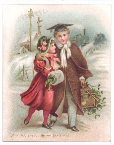 Viktoriánus karácsonyi üdvözlőlap egy habarcsot viselő fiúról, aki a hóban sétáló lányt öleli át, 1880 körül (színes litó) alkotó: English School