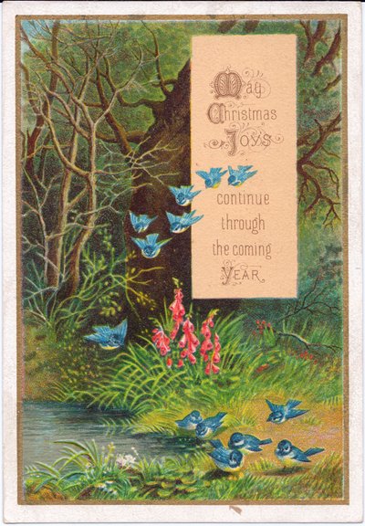 Viktoriánus karácsonyi üdvözlőlap kék madarakkal erdei környezetben, 1880 körül (színes litó) alkotó: English School